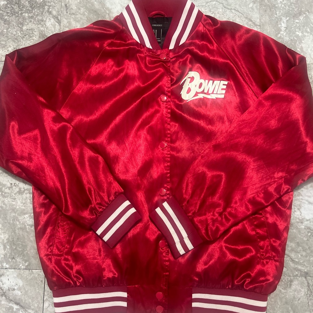 Forever 21 Red Satin Bomber Jacket with Ribbed Details